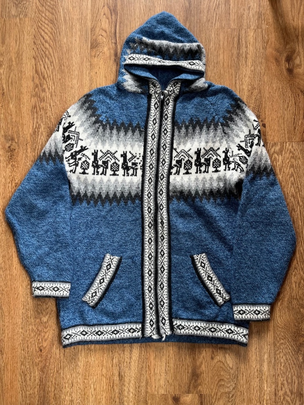 Blue alpaca Peruvian zip up sweater